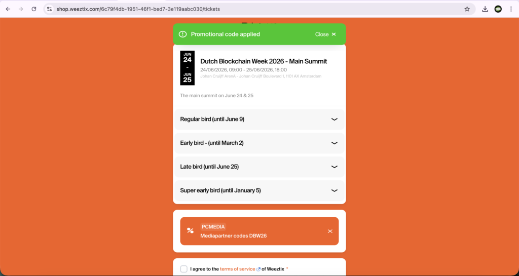 Dutch Blockchain Week Promo Code: PCMEDIA